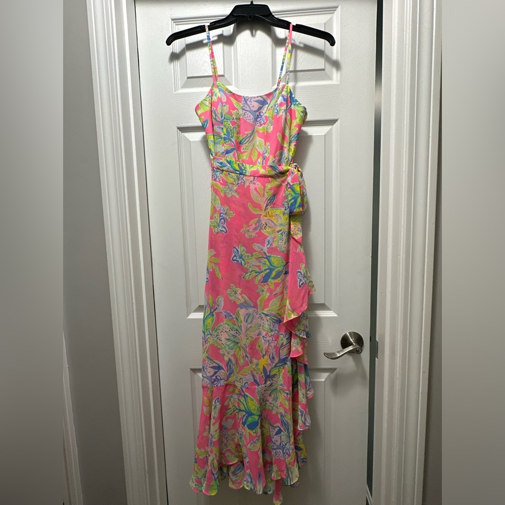 Lilly Pulitzer Anni Maxi Dress “Squeeze the Day” Size 0 High Low Ruffle